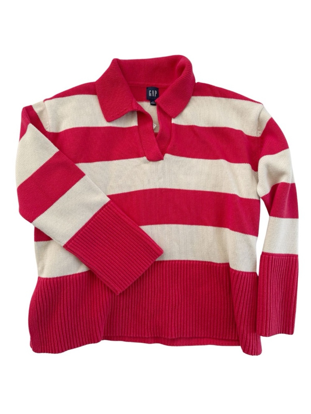 GAP Red and Cream Striped Split Hem Knit Polo Sweater 100% cotton NWT